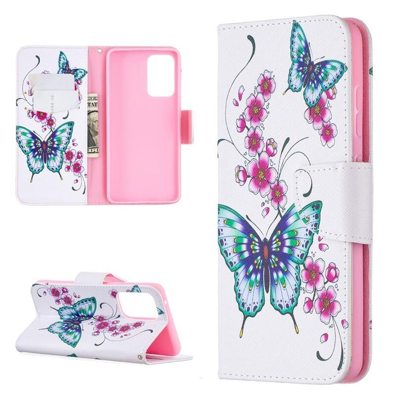 Print peněženkové puzdro na mobil Samsung Galaxy A52 5G / 4G / A52s 5G - zeleňou motýle a kvety