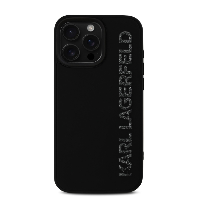 Karl Lagerfeld 3D Rubber Glitter Logo Zadný Kryt pre iPhone 16 Pro Black