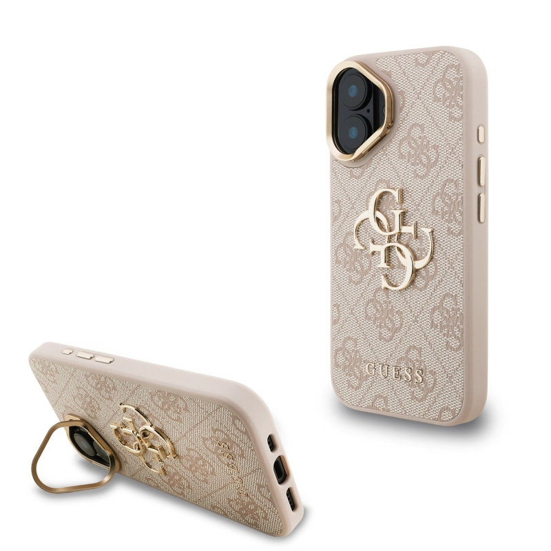 Guess PU 4G Metal Logo Stand Camera Frame Zadný Kryt pre iPhone 16 Pink