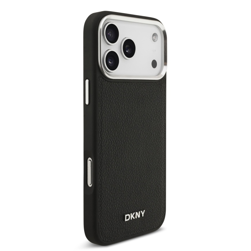 DKNY PU kožený kovový kryt s logom na zápästie MagSafe Back Cover pre iPhone 17 Pro Max Black