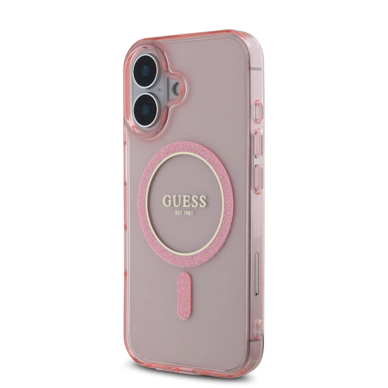 Guess IML Glitter Ring MagSafe Zadný Kryt pre iPhone 16 Pink