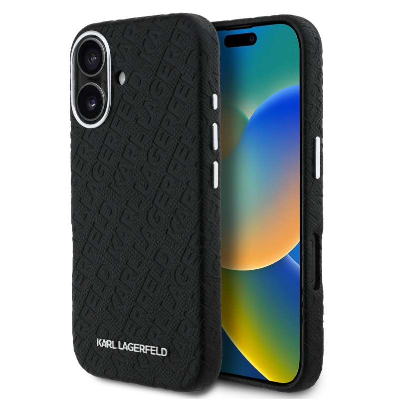 Karl Lagerfeld Grained PU Repeated Logo MagSafe Zadný Kryt pre iPhone 16 Black