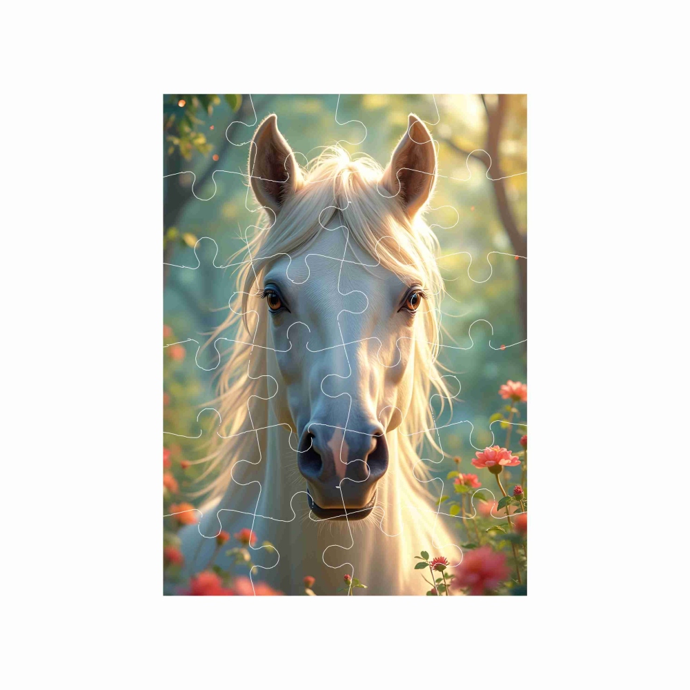 Puzzle 18x13cm (24 dielikov) s obrázkom - biely kôň medzi kvetmi
