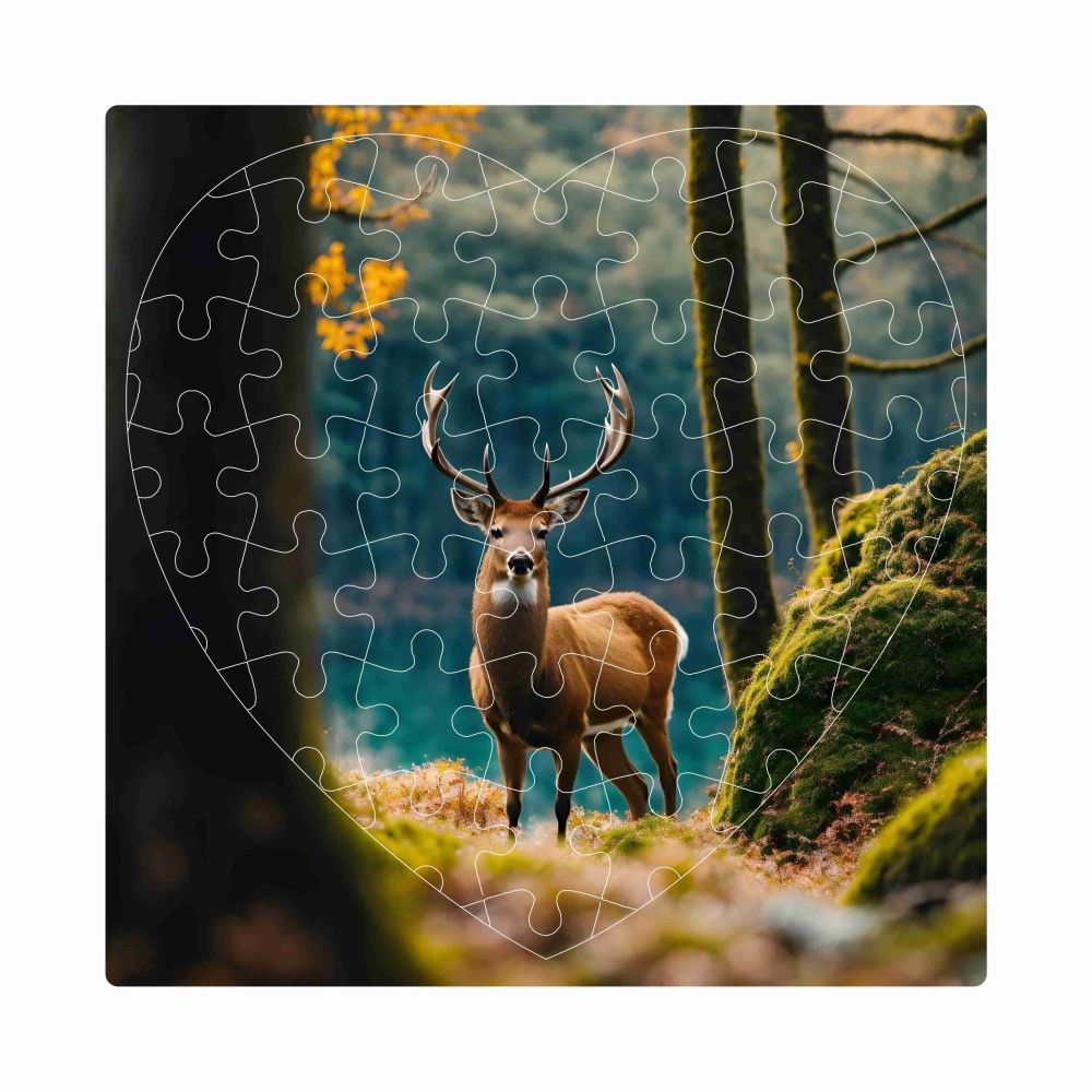 Puzzle 19x18cm v tvare srdca (76 dielikov) s obrázkom - jeleň v lese