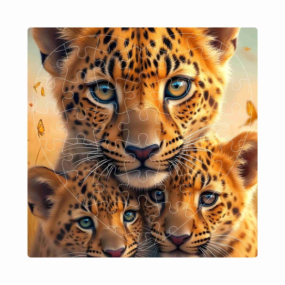 Puzzle 19x18cm v tvare srdca (76 dielikov) s obrázkom - leopardice s mláďatami