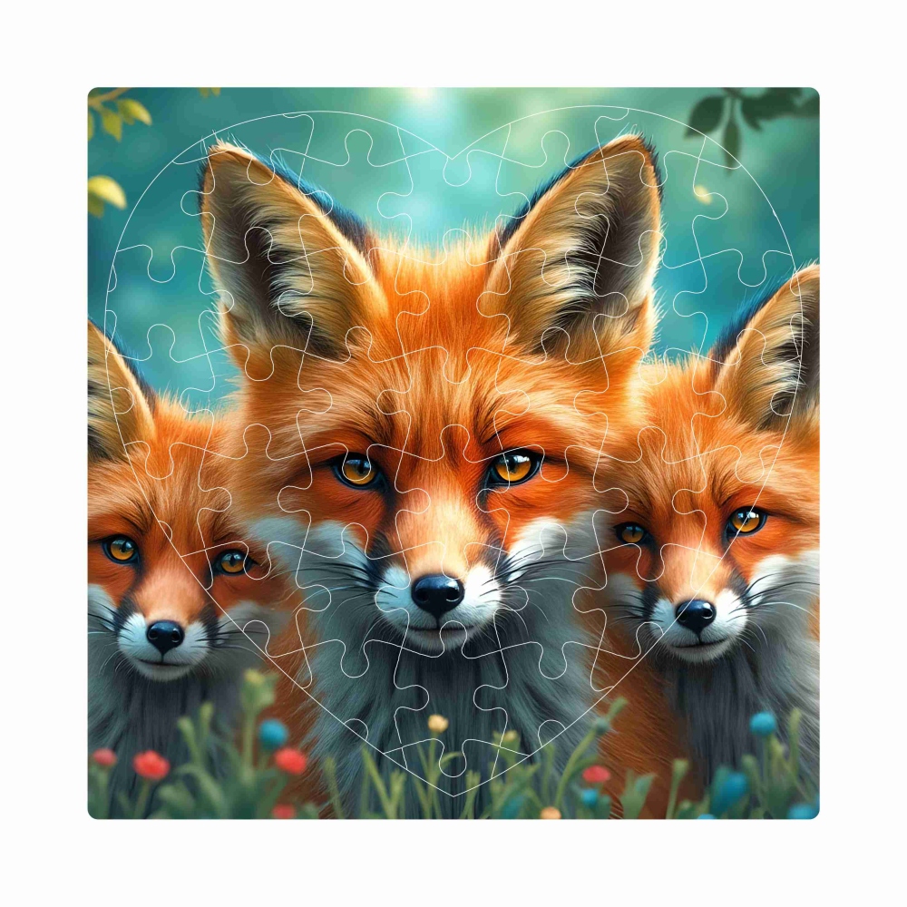 Puzzle 19x18cm v tvare srdca (76 dielikov) s obrázkom - líška s mláďatami