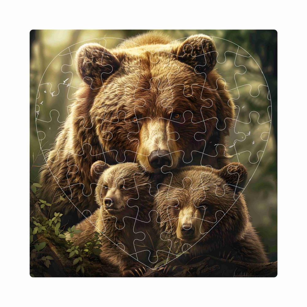 Puzzle 19x18cm v tvare srdca (76 dielikov) s obrázkom - medvedica s mláďatami