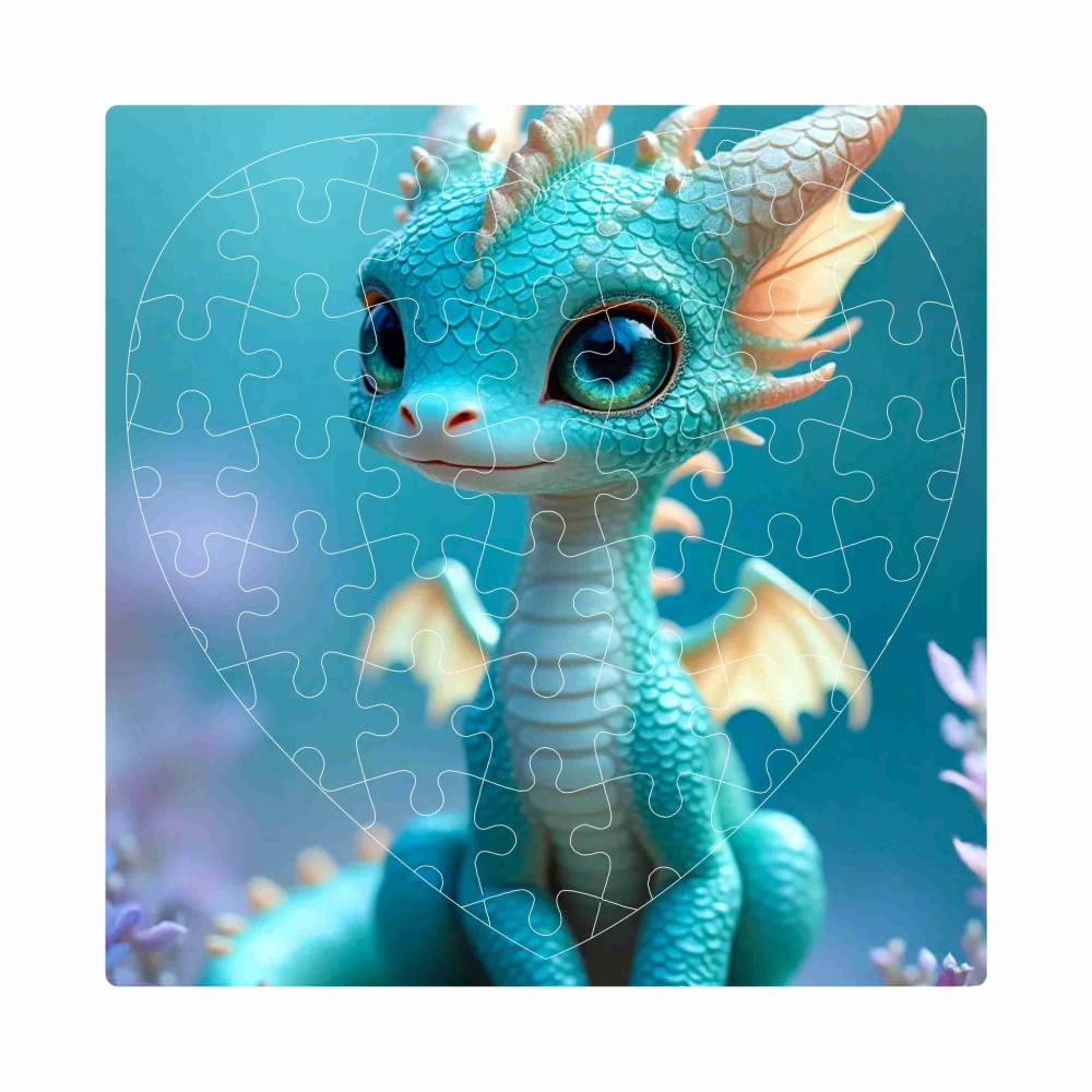 Puzzle 19x18cm v tvare srdca (76 dielikov) s obrázkom - modrý dráčik