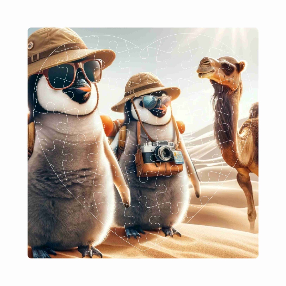 Puzzle 19x18cm v tvare srdca (76 dielikov) s obrázkom - tučniaky na púšti