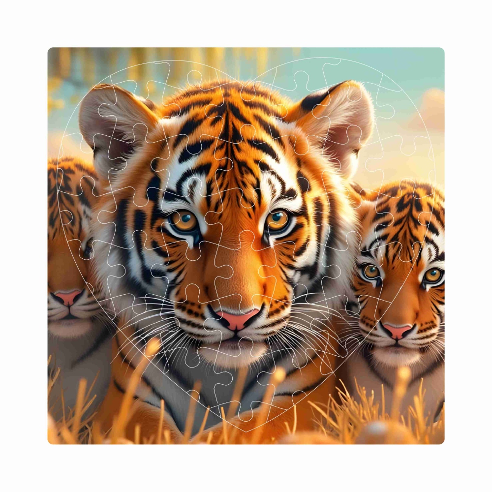 Puzzle 19x18cm v tvare srdca (76 dielikov) s obrázkom - tigrice s mláďatami