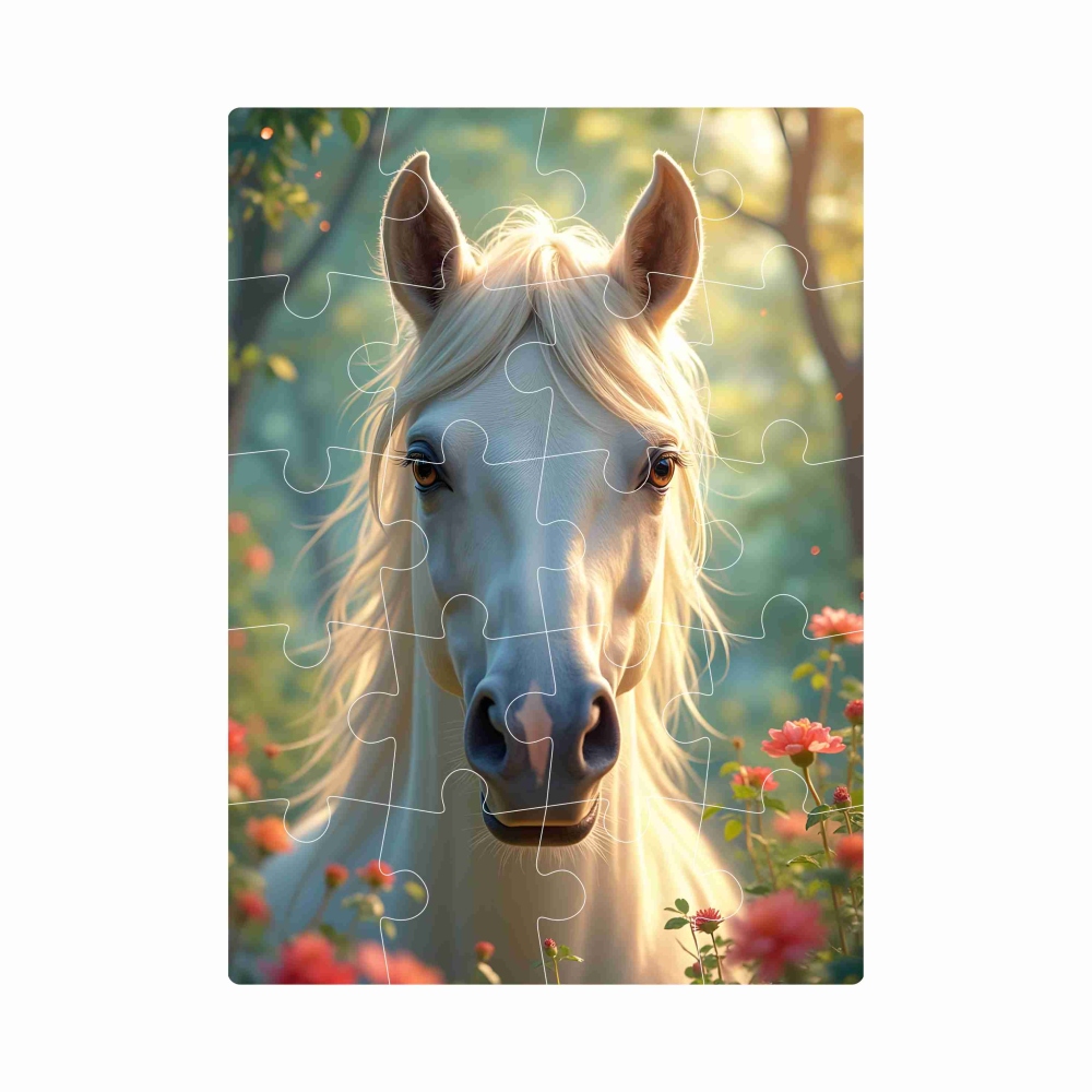 Puzzle 20x15cm (20 dielikov) s obrázkom - biely kôň medzi kvetmi