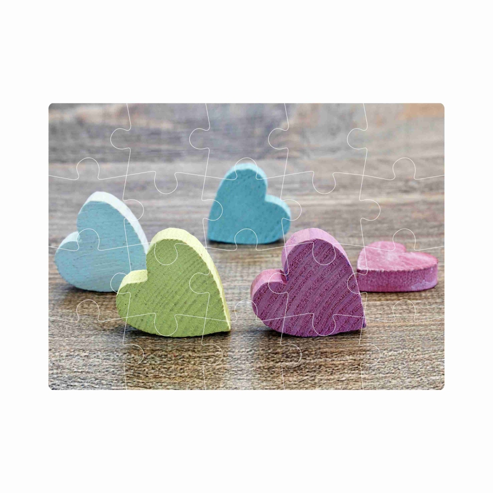 Puzzle 20x15cm (20 dielikov) s obrázkom - drevené srdiečka