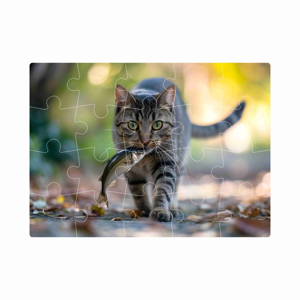 Puzzle 20x15cm (20 dielikov) s obrázkom - mačka s rybou