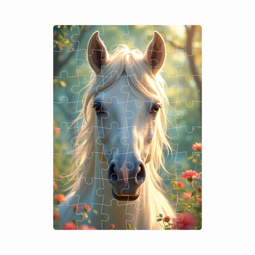 Puzzle 20x15cm (40 dielikov) s obrázkom - biely kôň medzi kvetmi