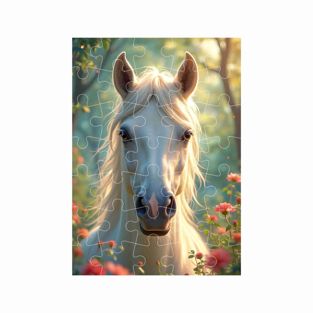 Puzzle 27x19,5cm (35 dielikov) s obrázkom - biely kôň medzi kvetmi