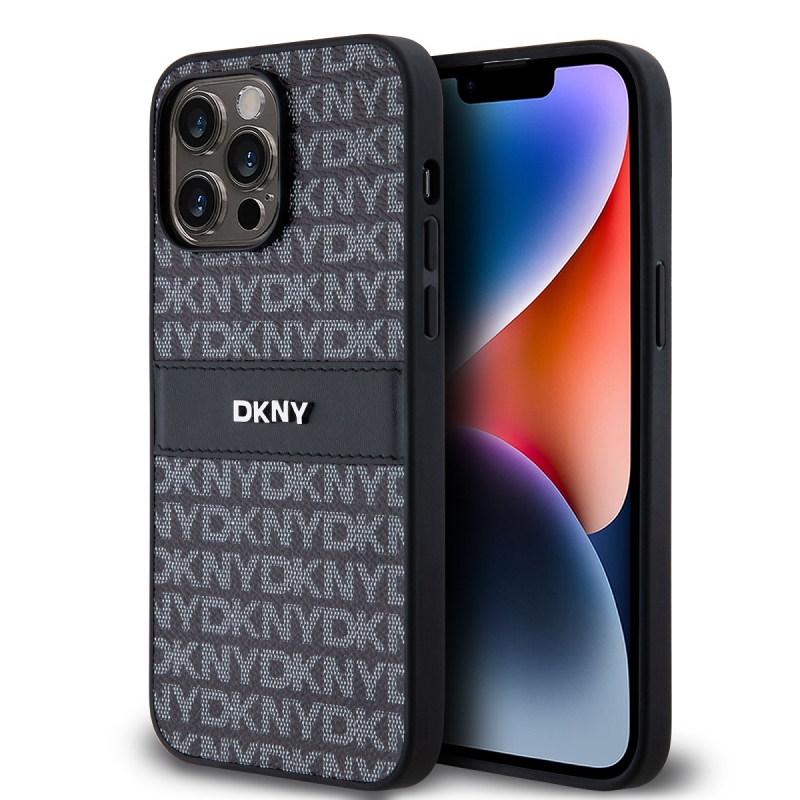 DKNY PU Leather Repeat Pattern Tonal Stripe Zadný Kryt pre iPhone 14 Pro Black