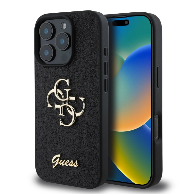 Guess PU Fixed Glitter 4G Metal Logo Zadný Kryt pre iPhone 16 Pro Max Black