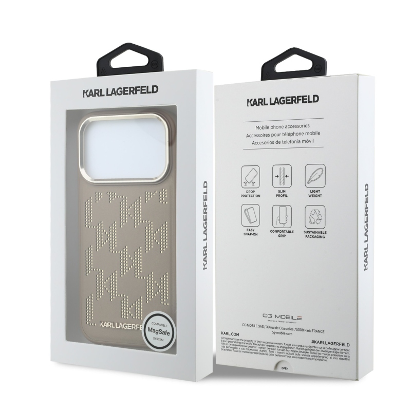 Karl Lagerfeld PU perforovaný kryt s monogramom a MagSafe pre iPhone 17 Pro, béžový