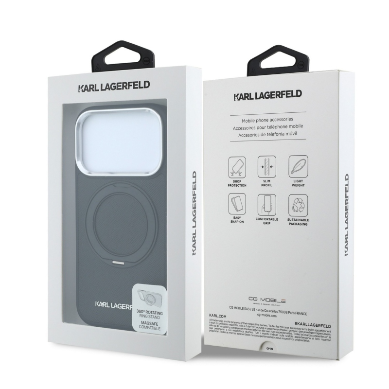 Karl Lagerfeld PU Saffiano Ring Stand MagSafe zadný kryt pre iPhone 18 Pro Max, čierny
