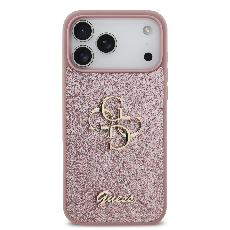 Guess PU Fixed Glitter 4G Metal Logo – zadný kryt pre iPhone 18 Pro Max v ružovej farbe
