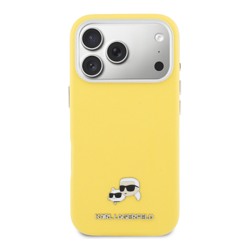 Karl Lagerfeld PU Karl and Choupette Heads Pins MagSafe zadný kryt pre iPhone 17 Pro Yellow