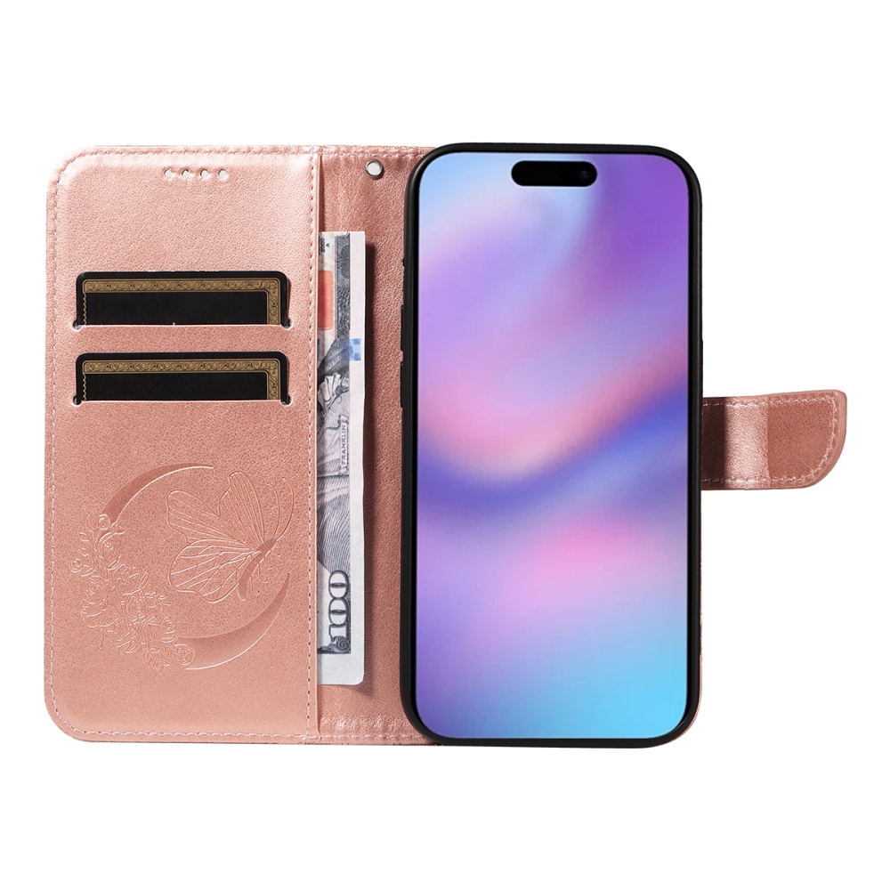 Floral Butterfly knižkové púzdro na iPhone 17 - ružovozlaté