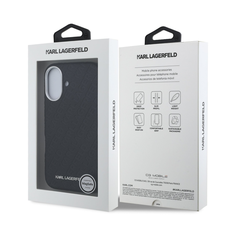 Karl Lagerfeld Grained PU Repeated Logo MagSafe Zadný Kryt pre iPhone 16 Black
