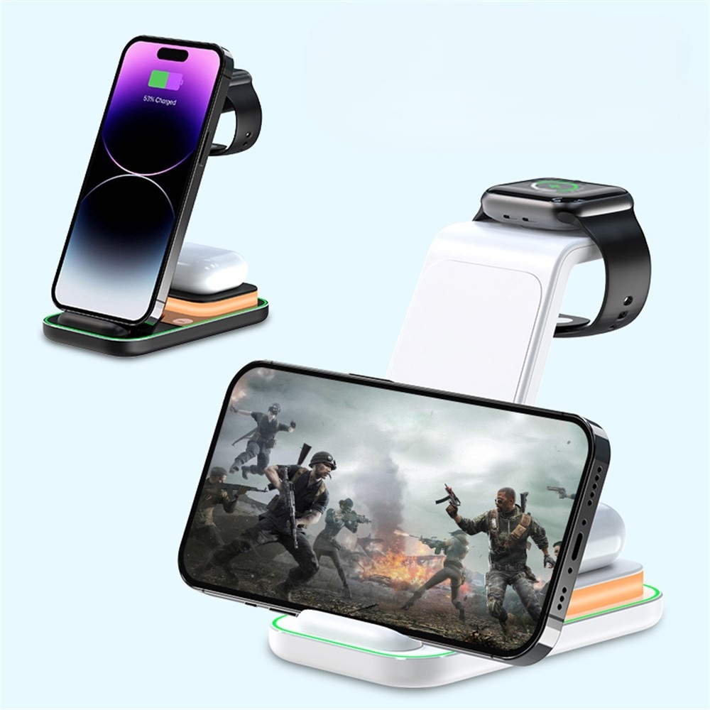 YF-A6 bezdrôtová nabíjacia stanica 3v1 15W s nočným svetlom - čierna