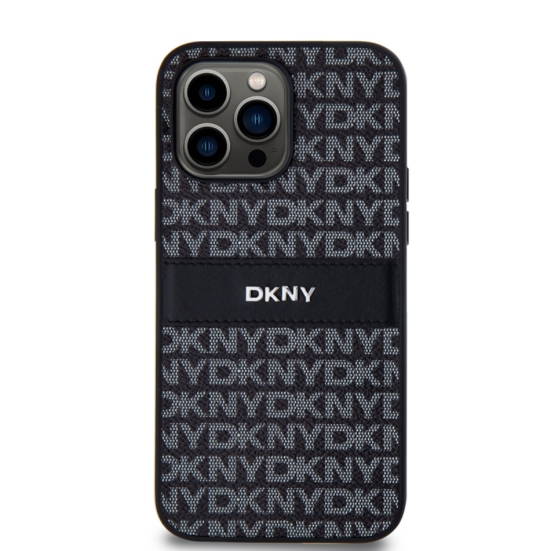 DKNY PU Leather Repeat Pattern Tonal Stripe Zadný Kryt pre iPhone 14 Pro Black