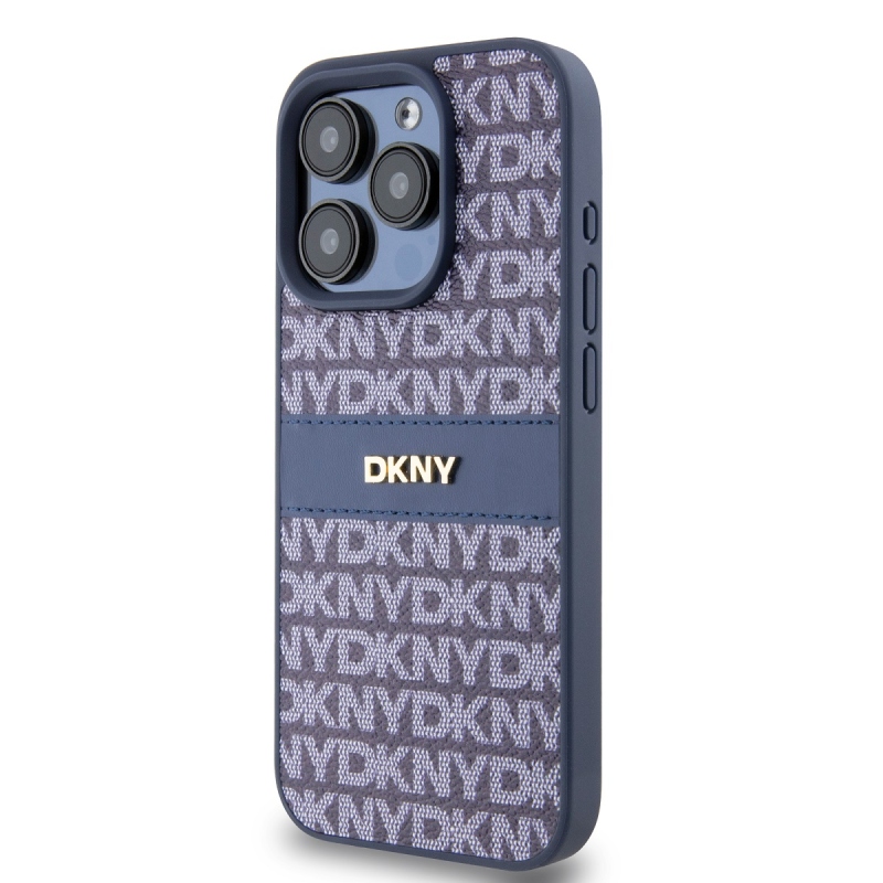 DKNY PU Leather Repeat Pattern Tonal Stripe Zadný Kryt pre iPhone 15 Pro Max Blue