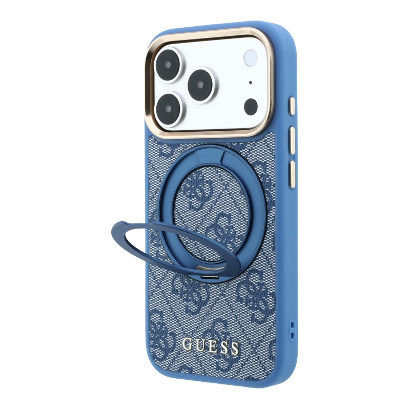 Guess PU 4G Ring Stand MagSafe zadný kryt pre iPhone 18 Pro, modrý