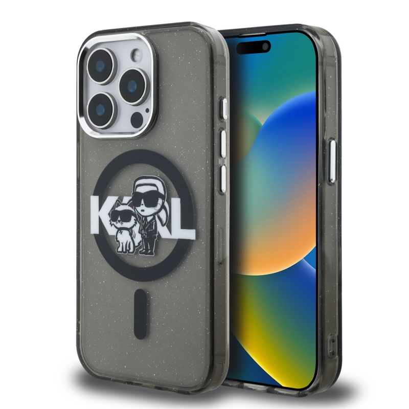 Karl Lagerfeld IML Glitter Karl and Choupette Sketch MagSafe Zadný Kryt pre iPhone 15 Pro Black
