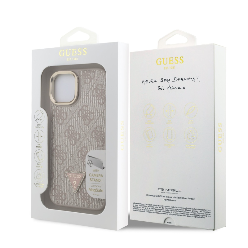 Guess PU 4G Strass Triangle Logo Stand Camera Frame MagSafe Zadný Kryt pre iPhone 15 Pink
