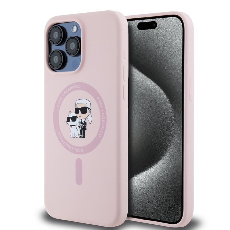 Karl Lagerfeld Liquid Silicone Karl and Choupette Magsafe Zadný Kryt pre iPhone 15 Pro Pink