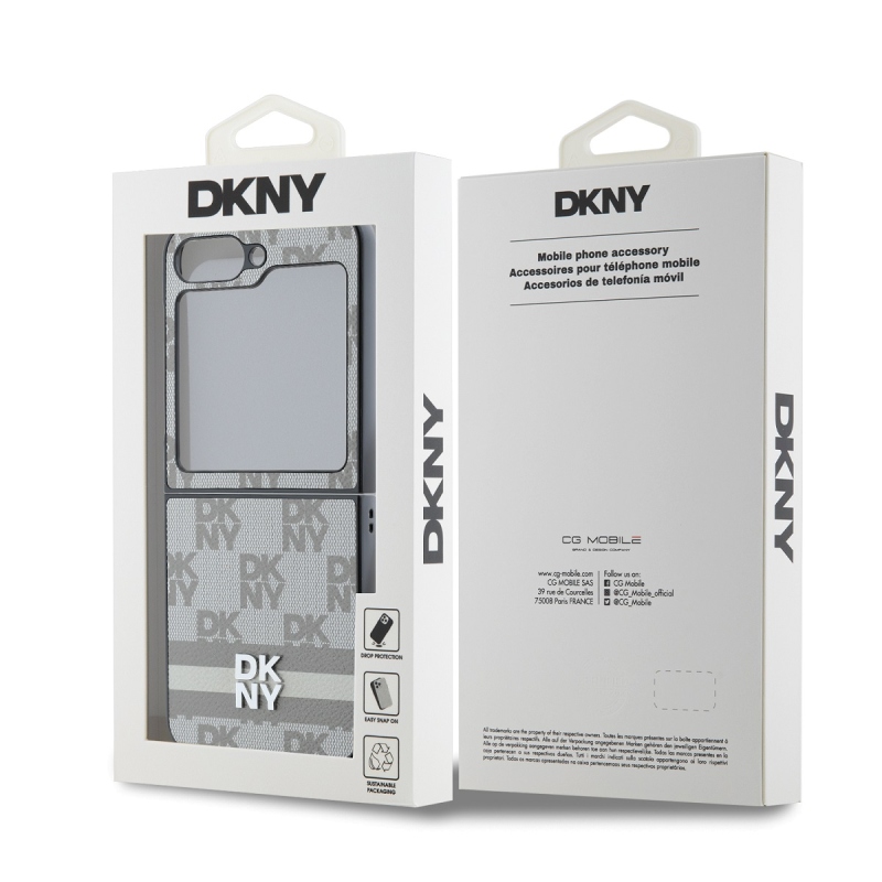 DKNY PU Leather Checkered Pattern and Stripe Zadný Kryt pre Samsung Galaxy Z Flip 6 Beige