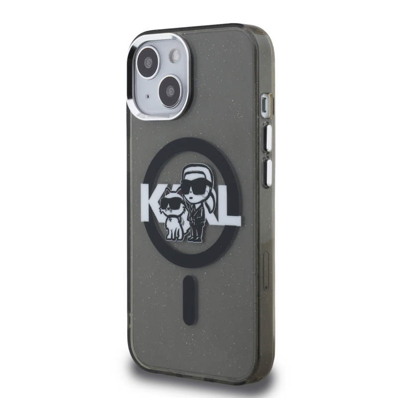 Karl Lagerfeld IML Glitter Karl and Choupette Sketch MagSafe Zadný Kryt pre iPhone 15 Black