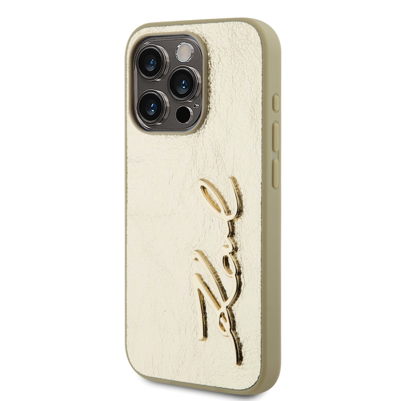 Karl Lagerfeld Wrinkled PU Signature Logo Zadný Kryt pre iPhone 15 Pro Max Gold