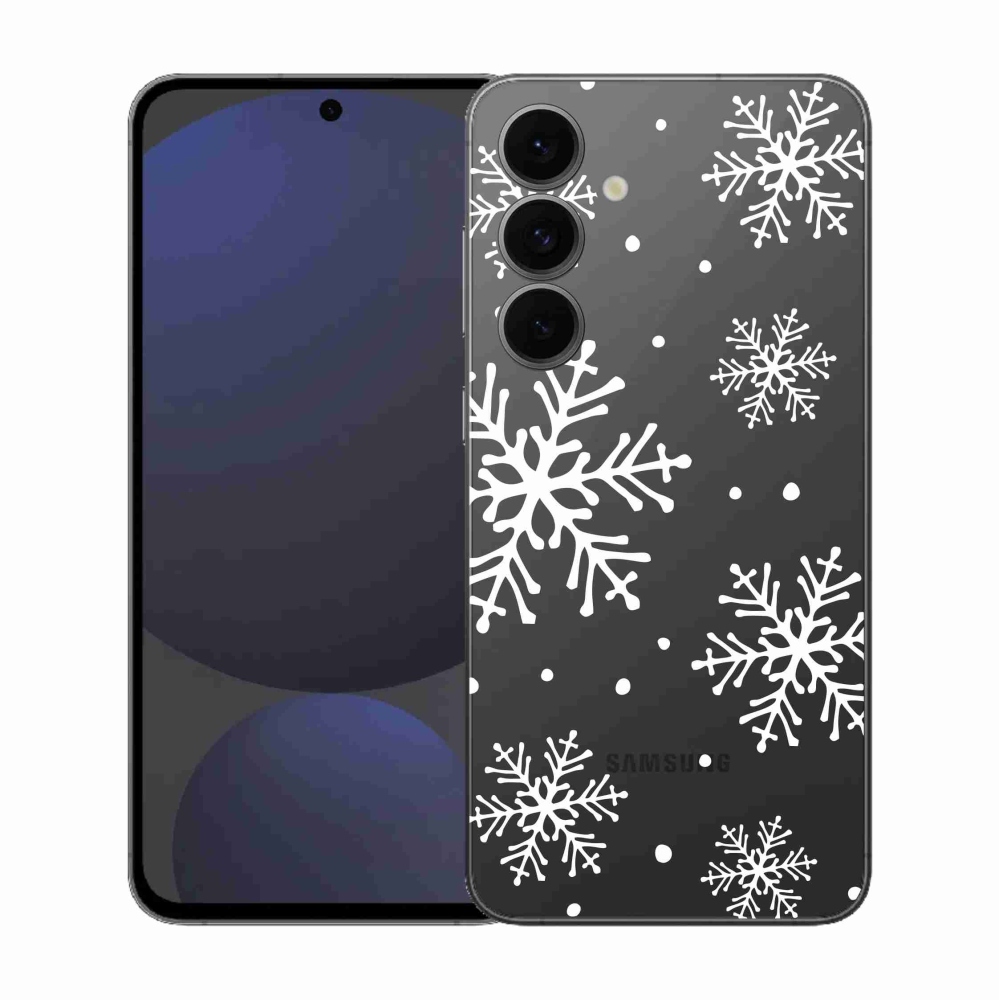 Gélový kryt mmCase na Samsung Galaxy S25 FE - biele vločky na priehľadnom pozadí