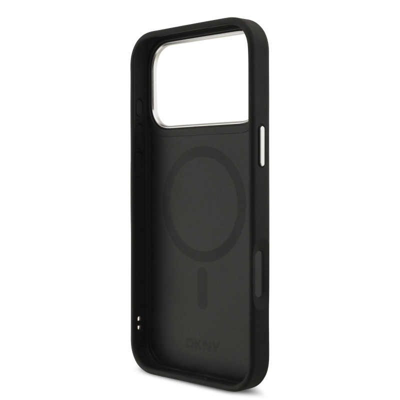 DKNY PU kožený kovový kryt s logom na zápästie MagSafe Back Cover pre iPhone 17 Pro Max Black
