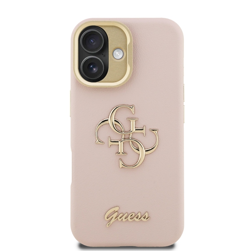 Guess PU Grained 4G Logo Stand Camera Frame Zadný Kryt pre iPhone 16 Pink
