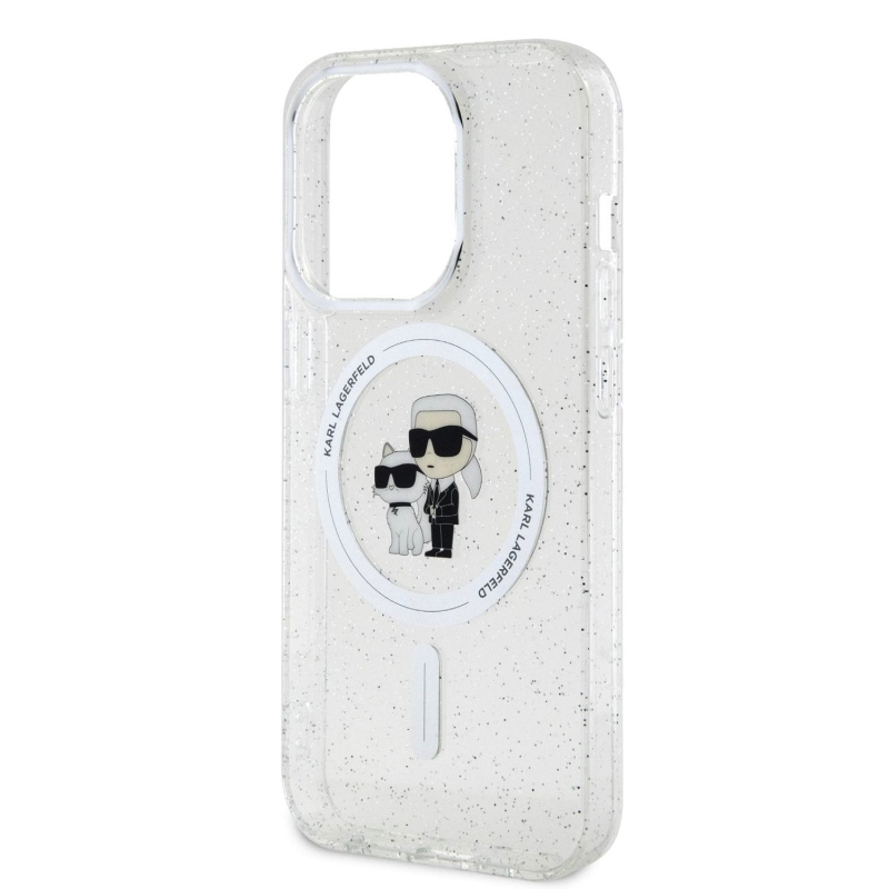 Karl Lagerfeld IML Glitter Karl and Choupette MagSafe Zadný Kryt pre iPhone 15 Pro Transparent