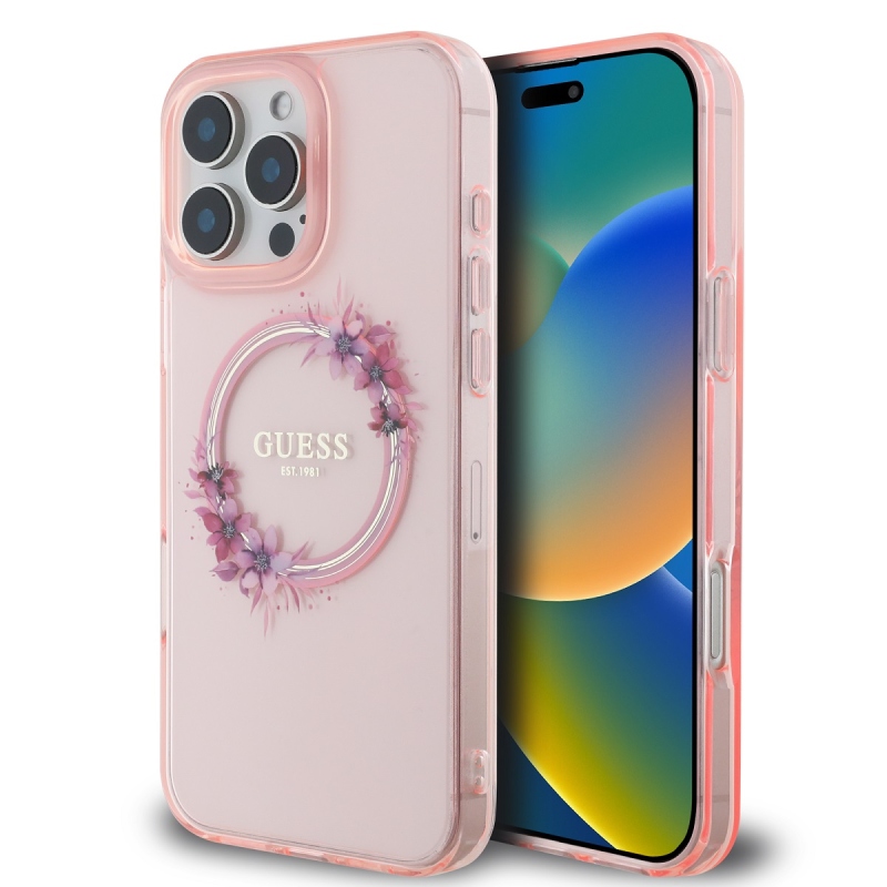 Guess IML Flowers Ring MagSafe Zadný Kryt pre iPhone 16 Pro Pink