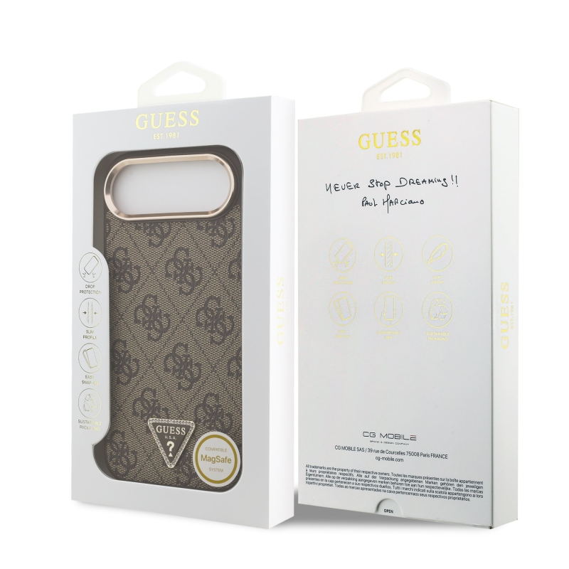 Guess PU kožený 4G štrasové trojuholníkové logo Gold Frame MagSafe zadný kryt pre iPhone Air Brown