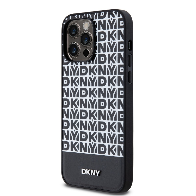 DKNY PU Leather Repeat Pattern Bottom Stripe MagSafe Zadný Kryt pre iPhone 15 Pro Max Black