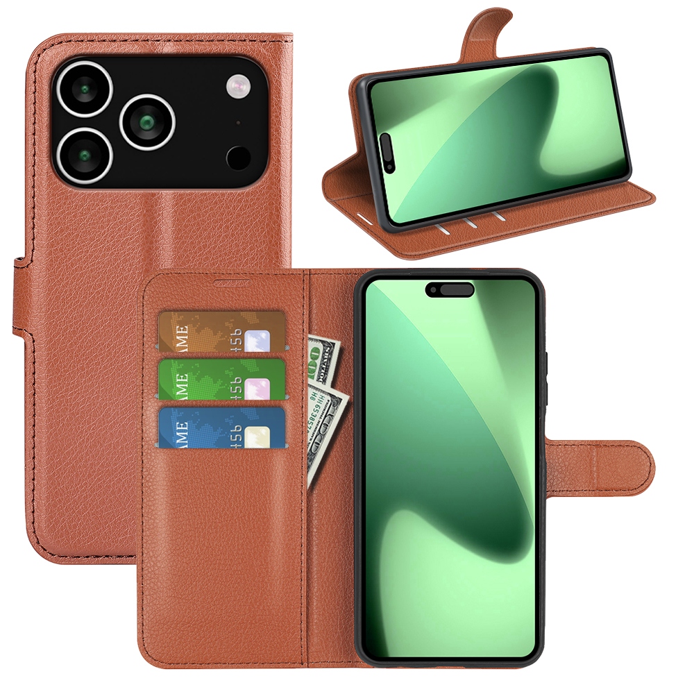 Litchi knižkové púzdro na iPhone 17 Pro - hnedý