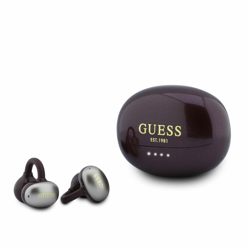 Bezdrôtové slúchadlá Guess s metalickým povrchom, klasickým logom a technológiou OWS v bordovej farbe