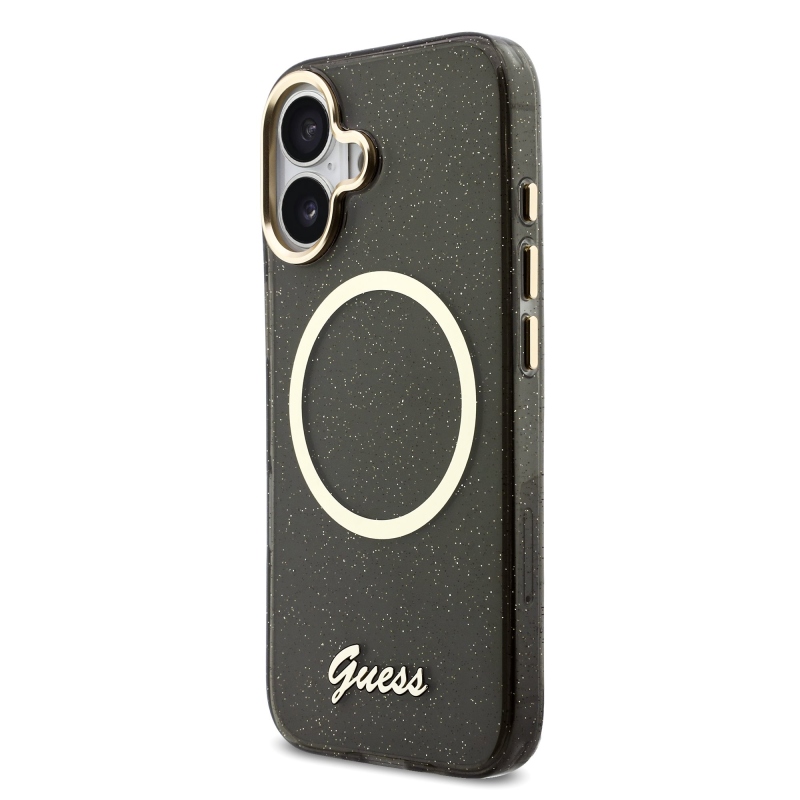 Guess IML Glitter Script Strap Zadný kryt MagSafe pre iPhone 17 Black