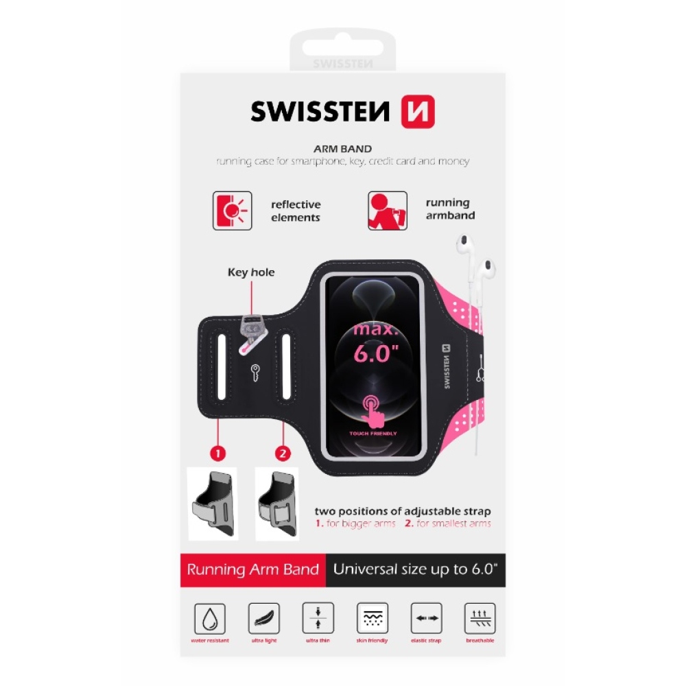 Swissten fitness puzdro na ruku Arm Band do 6 palcov - čierne/ružové