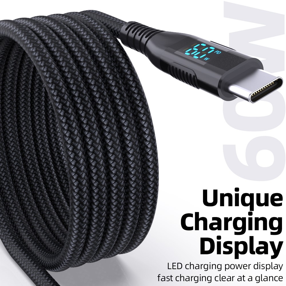 Nylonový kábel USB-C / USB-C s displejom 3m 60W - čierny