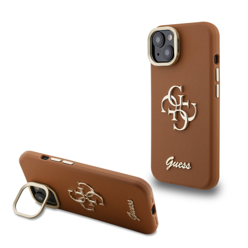 Guess PU Grained 4G Logo Stand Camera Frame Zadný Kryt pre iPhone 13 Brown